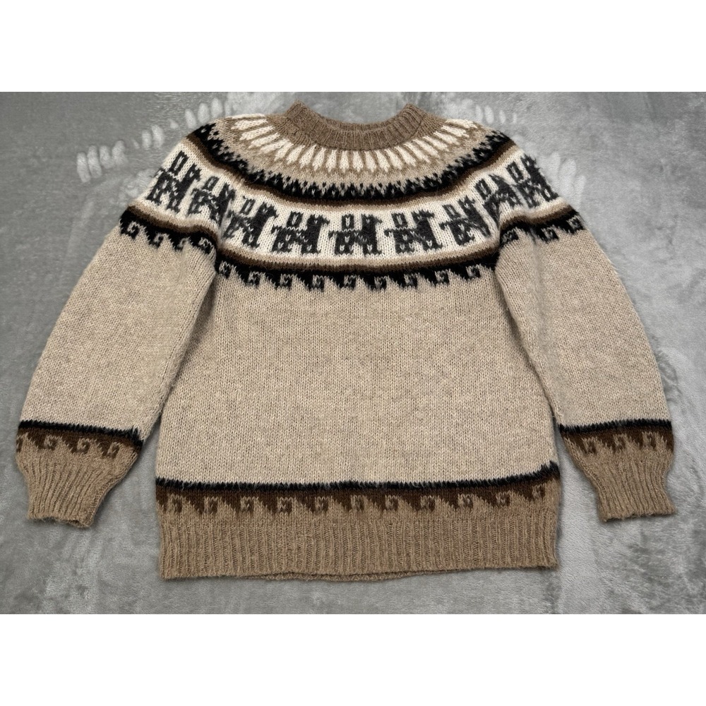 Vintage Alpaca Sweater Mens Medium Brown Nordic Fair Isle Knit Wool Pullover Y2K